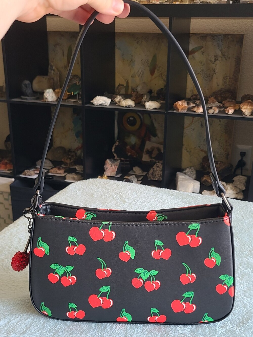 Betsey Johnson Black Cherry Print Crossbody Bag with Red Charm - Picture 4 of 14